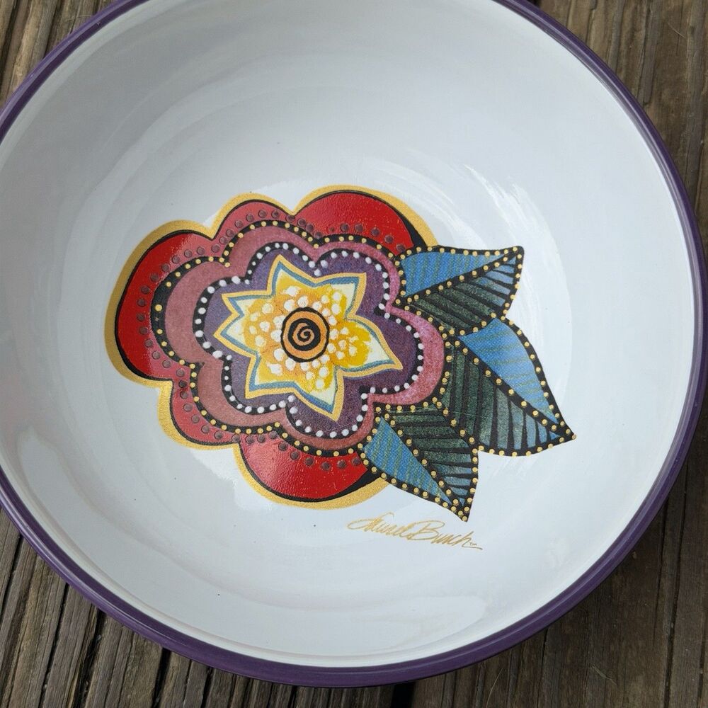 Laurel Burch Cat Floral Ceramic Plate & Bowl Set of 2 Purple 6” - Picture 7 of 14
